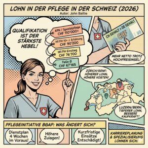 This image is a professional square illustration in the iconic Roy Lichtenstein pop-art style, characterized by thick black outlines, Ben-Day dots for shading, and speech bubbles. The color palette is a sophisticated mix of muted pastel tones (mint green, soft peach, pale yellow, and light blue), giving it a modern yet retro feel. The comic layout is divided into several panels: Main Subject: On the left, a female nurse in professional scrubs looks thoughtfully upward. A large thought bubble above her emphasizes that qualification is the strongest lever for salary, listing specific 2026 benchmarks from FaGe (CHF 67,165) up to APN/Specialized Care (CHF 110,000+). Regional Context: A bottom-right panel shows a simplified map of Switzerland with location pins. Speech bubbles compare the high wages and high costs of Zurich/Geneva against the better purchasing power in Lucerne/Bern. Policy & Benefits: The top-right panel shows a close-up of a hand holding Swiss Franc (CHF) notes, highlighting that "CH Salary > DE Salary." The bottom horizontal panel outlines the BGAP Nursing Initiative changes: 4-week advance duty rosters, higher bonuses, and compensation for short-term shifts. Header: The top of the image features a clean title bar: "LOHN IN DER PFLEGE IN DER SCHWEIZ (2026)" with the author credit "Autor: John Baillie."