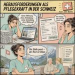 Comic im Pop-Art-Stil zeigt drei Szenen: gestresste Pflegekraft bei Wohnungssuche und Papierstapel; Lohnabrechnung mit Abzügen, aber gutem Nettolohn; selbstbewusste Pflegekraft im Schweizer Pflegeheim vor Bergkulisse.