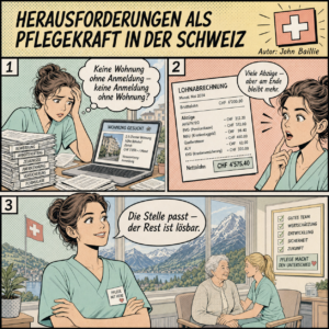 Comic im Pop-Art-Stil zeigt drei Szenen: gestresste Pflegekraft bei Wohnungssuche und Papierstapel; Lohnabrechnung mit Abzügen, aber gutem Nettolohn; selbstbewusste Pflegekraft im Schweizer Pflegeheim vor Bergkulisse.