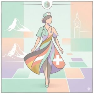 Ein minimalistisches Pop-Art-Bild einer Krankenschwester, die über einen bunten, gepflasterten Pfad in Richtung Schweizer Alpen geht, mit Schweizer Kreuzen und europäischen Flaggen, die Integration symbolisieren.
