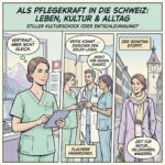 Alt-Text Ein quadratischer Comic-Strip im Pop-Art-Stil mit Pastelltönen, der das Leben von Pflegekräften in der Schweiz darstellt. Er zeigt drei Szenen: eine Pflegefachkraft bei der Arbeit mit Bergblick, ein interdisziplinäres Team in einem Krankenhaus und eine entspannte Person in einer Schweizer Altstadt am Sonntag.