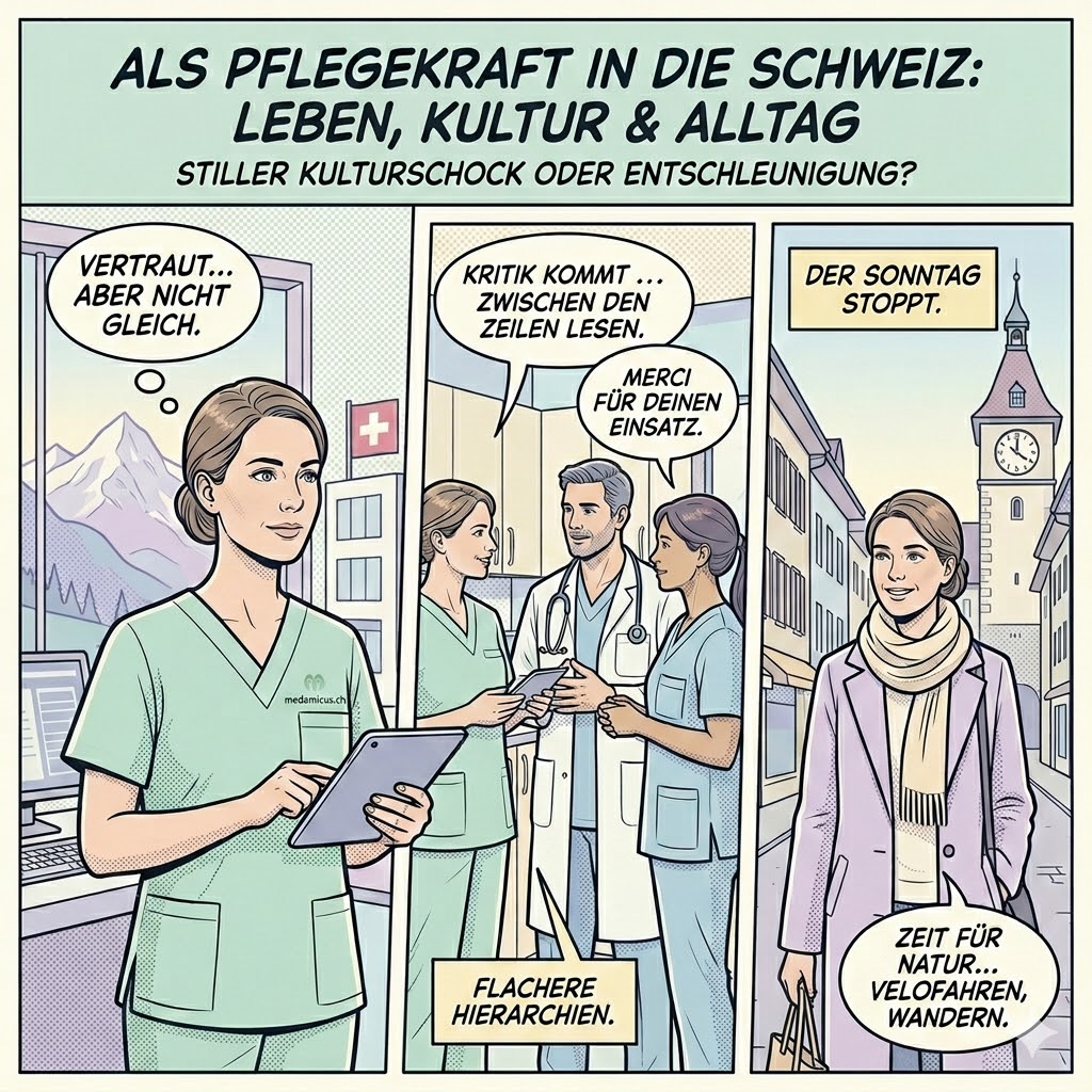 Alt-Text Ein quadratischer Comic-Strip im Pop-Art-Stil mit Pastelltönen, der das Leben von Pflegekräften in der Schweiz darstellt. Er zeigt drei Szenen: eine Pflegefachkraft bei der Arbeit mit Bergblick, ein interdisziplinäres Team in einem Krankenhaus und eine entspannte Person in einer Schweizer Altstadt am Sonntag.