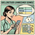Ein quadratisches Comic im Pop-Art-Stil mit gedeckten Pastelltönen (Mint, Pfirsich, Hellblau), das eine Pflegefachperson zeigt, die auf ihrem Smartphone eine Lohnaufstellung mit den Zeilen Brutto, Abzüge und Netto betrachtet. Ein Panel unten rechts zeigt einen stilisierten Taschenrechner mit Schweizer-Franken-Symbolen, ein weiteres Panel eine vereinfachte Schweizer Kantonskarte mit Standortmarkierungen.