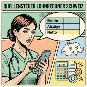 Ein quadratisches Comic im Pop-Art-Stil mit gedeckten Pastelltönen (Mint, Pfirsich, Hellblau), das eine Pflegefachperson zeigt, die auf ihrem Smartphone eine Lohnaufstellung mit den Zeilen Brutto, Abzüge und Netto betrachtet. Ein Panel unten rechts zeigt einen stilisierten Taschenrechner mit Schweizer-Franken-Symbolen, ein weiteres Panel eine vereinfachte Schweizer Kantonskarte mit Standortmarkierungen.